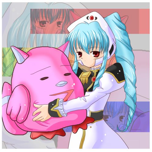 normad, vanilla h, galaxy angel, lowres, tagme, 00s, 1girl, female focus, green hair, high ponytail, long hair, looking at viewer, ponytail, red eyes, solo