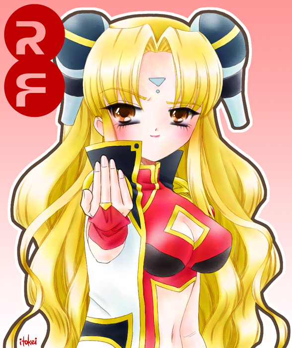 itokei, ranpha franboise, galaxy angel, 00s, 1girl, artist name, beckoning, blonde hair, blush, bridal gauntlets, brown eyes, character name, cleavage cutout, clothing cutout, dress, facial mark, female focus, forehead mark, gloves, gradient background, hair ornament, hairclip, long hair, looking at viewer, navel cutout, outline, simple background, solo, very long hair