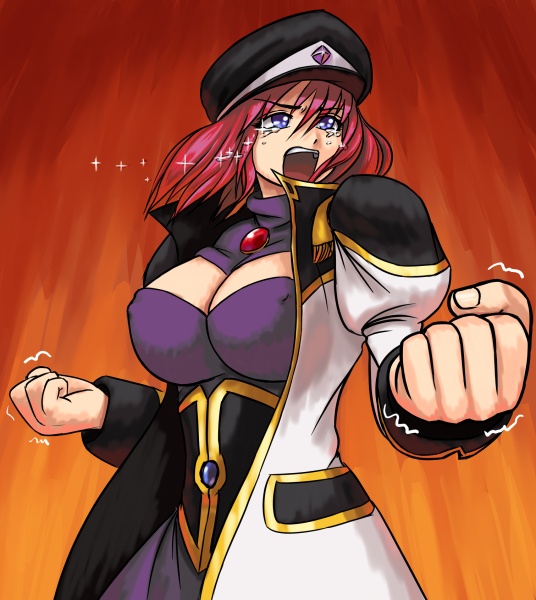 forte stollen, galaxy angel, 00s, 1girl, blue eyes, breasts, cleavage, cleavage cutout, clenched hand, clothing cutout, female focus, large breasts, no bra, red hair, solo, tears