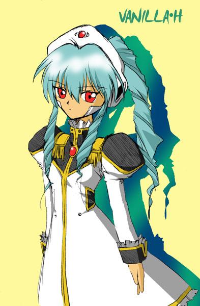 vanilla h, galaxy angel, tagme, 00s, 1girl, character name, female focus, green hair, high ponytail, long hair, ponytail, red eyes, simple background, solo, yellow background