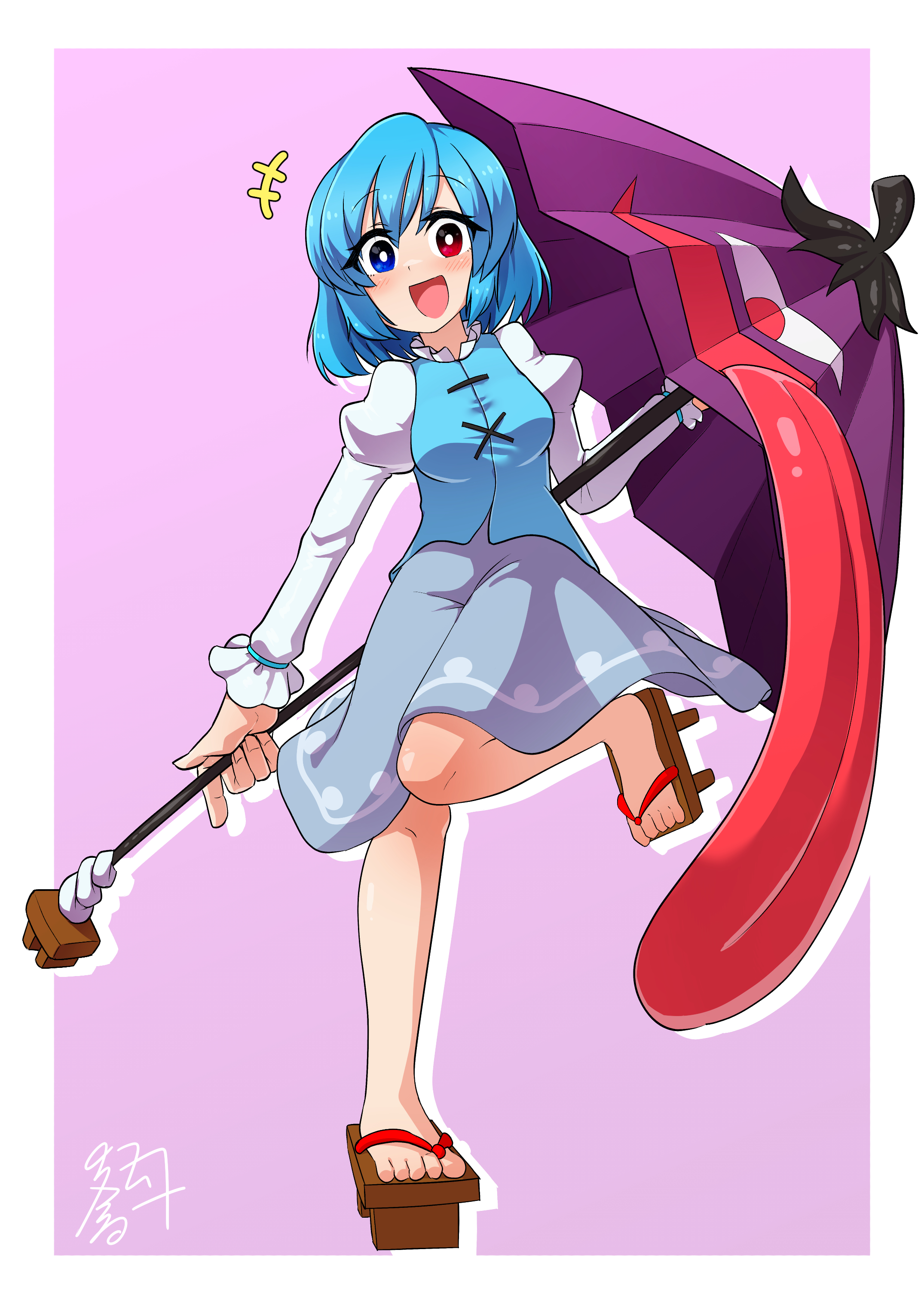 comwoooo, tatara kogasa, touhou, absurdres, commentary request, highres, +++, 1girl, :d, blue eyes, blue hair, blue skirt, blue vest, blush, bright pupils, full body, geta, head tilt, heterochromia, holding, holding umbrella, juliet sleeves, long sleeves, long tongue, looking at viewer, medium hair, open mouth, puffy sleeves, purple umbrella, red eyes, shirt, signature, skirt, smile, solo, standing, standing on one leg, toes, tongue, umbrella, very long tongue, vest, white pupils, white shirt