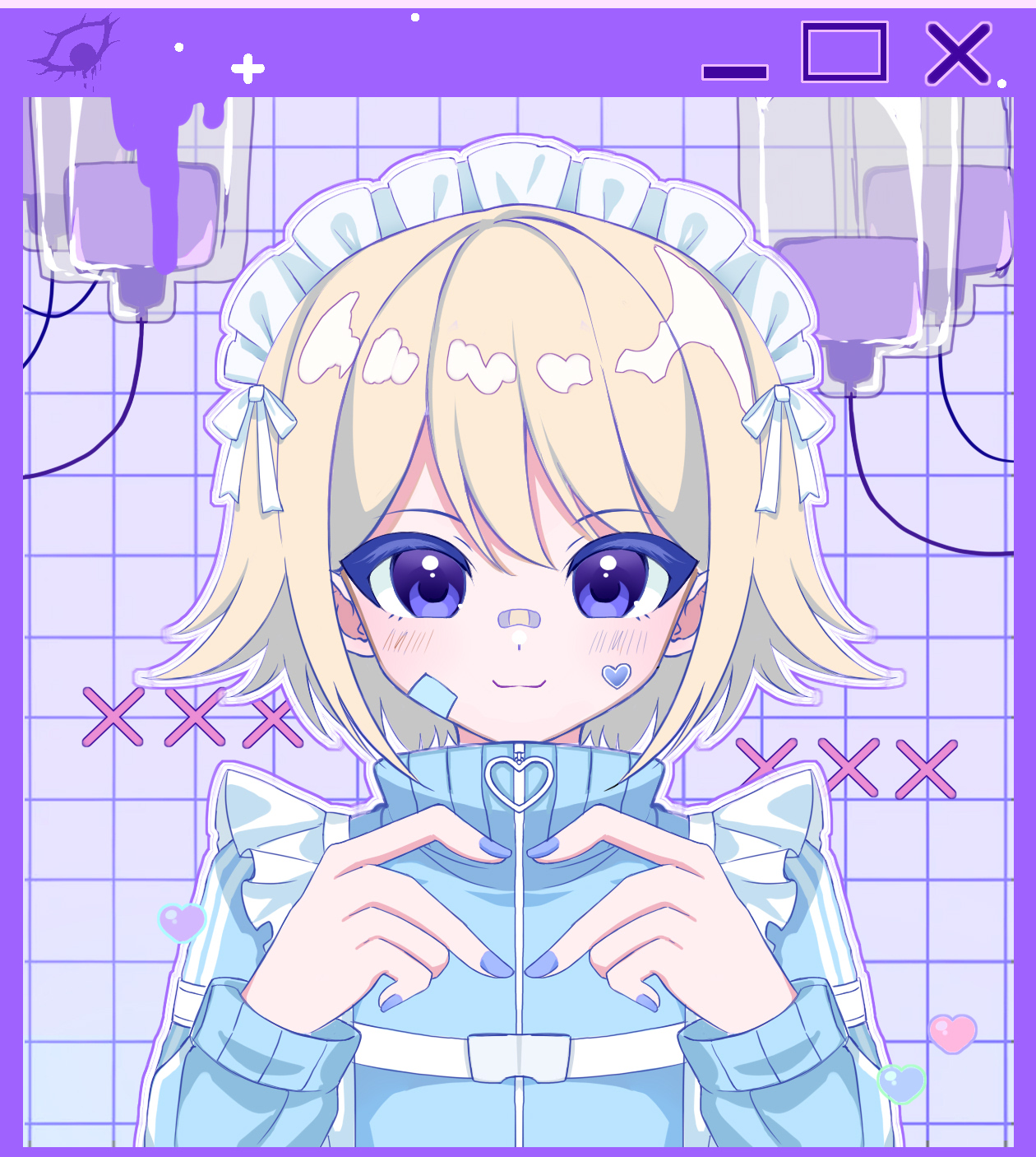 reihoshii, urotsuki, yume 2kki, highres, 1girl, alternate costume, bandaid, bandaid on face, bandaid on nose, blonde hair, blue eyes, blue jacket, border, closed mouth, hair flaps, hair ribbon, heart, heart hands, intravenous drip, jacket, jersey maid, long sleeves, looking at viewer, maid, maid headdress, outline, purple border, ribbon, short hair, smile, solo, unconventional maid, upper body, white outline, white ribbon