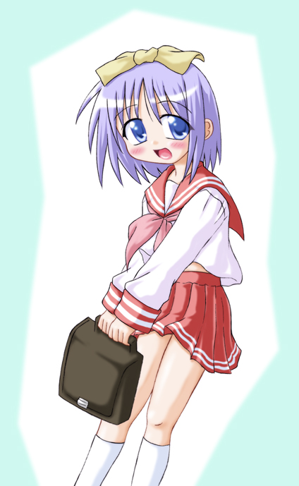 inasaki shirau, hiiragi tsukasa, lucky star, 00s, 1girl, blue eyes, blue hair, blush, bow, briefcase, female focus, hair bow, kneehighs, long sleeves, looking at viewer, matching hair/eyes, neckerchief, pink hair, pleated skirt, red skirt, sailor collar, school briefcase, school uniform, serafuku, short hair, simple background, skirt, socks, solo, white background, white socks