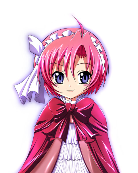 sasa, viola (kiddy grade), kiddy grade, 00s, 1girl, bow, bowtie, cape, female focus, frills, looking at viewer, maid headdress, pink hair, portrait, purple eyes, red bow, red bowtie, short hair, simple background, solo, white background