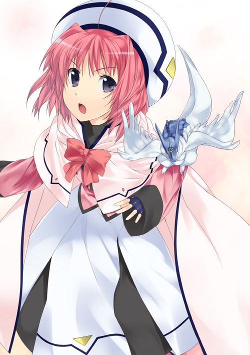 mizuki makoto, caro ru lushe, friedrich (nanoha), kerykeion (nanoha), lyrical nanoha, mahou shoujo lyrical nanoha, mahou shoujo lyrical nanoha strikers, uniform, 00s, 1girl, ahoge, beret, blue eyes, bow, cape, coat, creature, dragon, female focus, fingerless gloves, gloves, hat, looking at viewer, magical girl, open mouth, pink bow, pink hair, purple eyes, red hair, short hair, skirt, solo