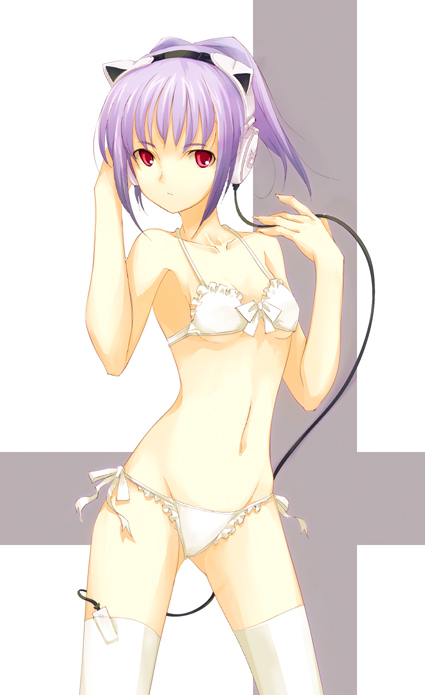 dasoku sentarou, 1girl, animal ear headphones, animal ears, bra, breasts, cat ear headphones, cat ears, digital media player, fake animal ears, female focus, headphones, hip focus, ipod, lingerie, panties, purple hair, red eyes, side-tie panties, small breasts, solo, thighhighs, thighs, underwear, underwear only