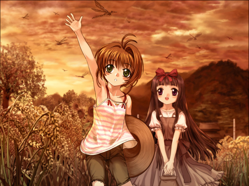 mutsuki (moonknives), daidouji tomoyo, kinomoto sakura, cardcaptor sakura, 1990s (style), 2girls, black hair, brown hair, child, cloud, green eyes, looking at viewer, multiple girls, outdoors, retro artstyle, short hair, sky, smile