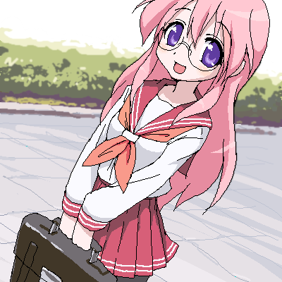takara miyuki, lucky star, lowres, 00s, blue eyes, glasses, oekaki, pantyhose, pink hair, school uniform, serafuku, solo