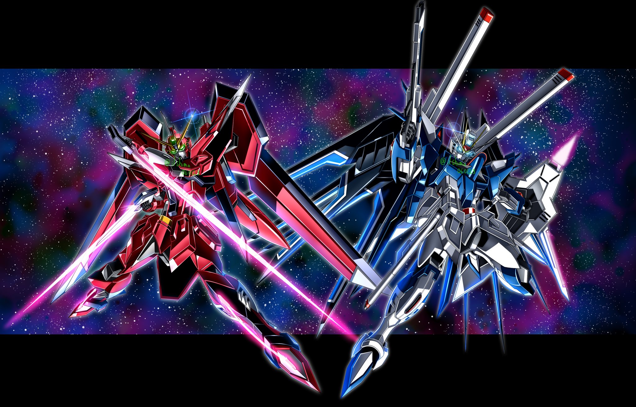 shimashun, immortal justice gundam, rising freedom gundam, gundam, gundam seed, gundam seed freedom, commentary, english commentary, highres, artificial eye, artist name, beam rifle, blue eyes, compass (gundam), energy gun, energy sword, glowing, glowing eyes, green eyes, gun, holding, holding beam saber, holding gun, holding shield, holding sword, holding weapon, looking at viewer, mecha, mechanical wings, mobile suit, no humans, rifle, robot, science fiction, shield, sword, v-fin, weapon, wings