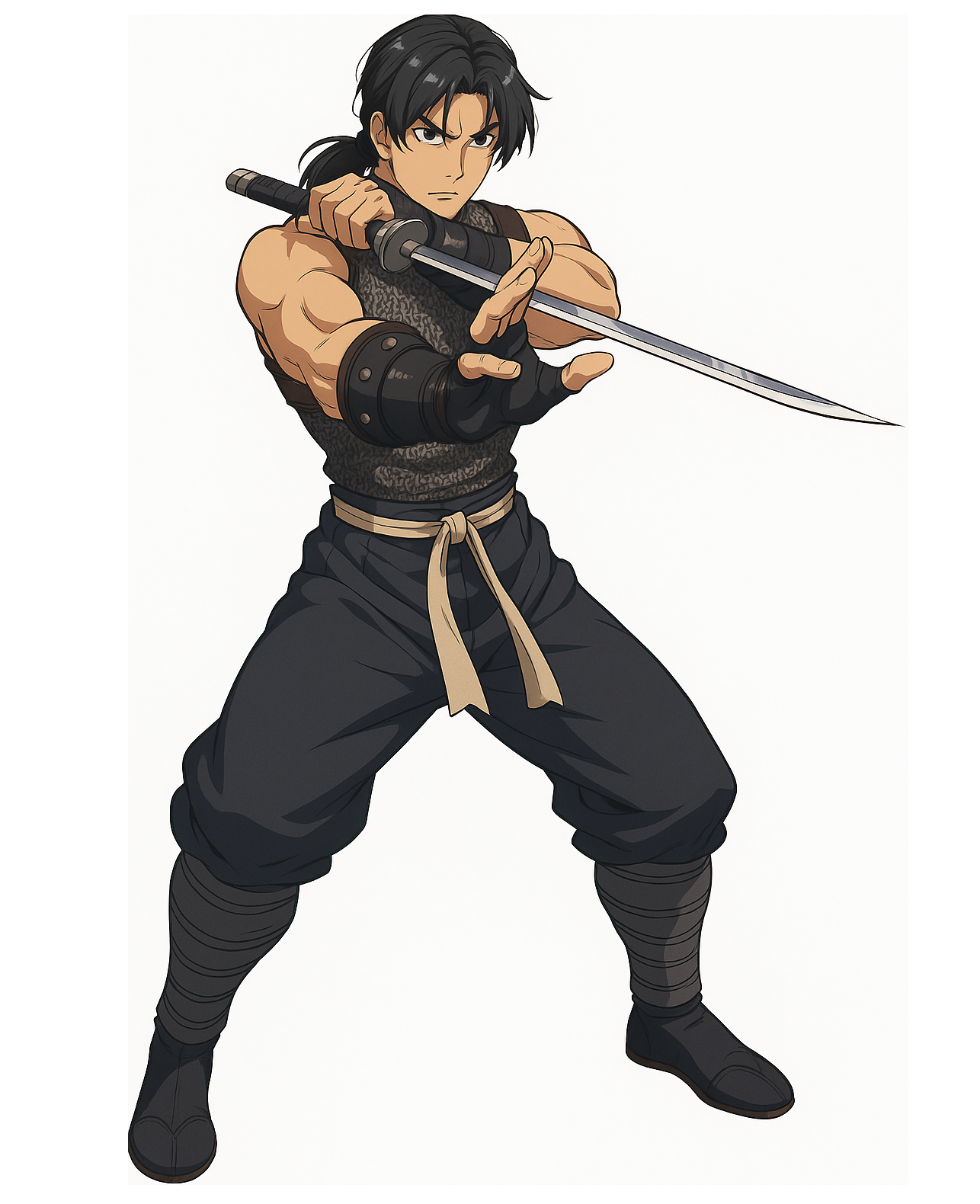 tatsumaru (tenchu), tenchu, 1boy, black eyes, black hair, full body, gloves, katana, long hair, ninja, ponytail, solo, standing, sword, weapon, white background