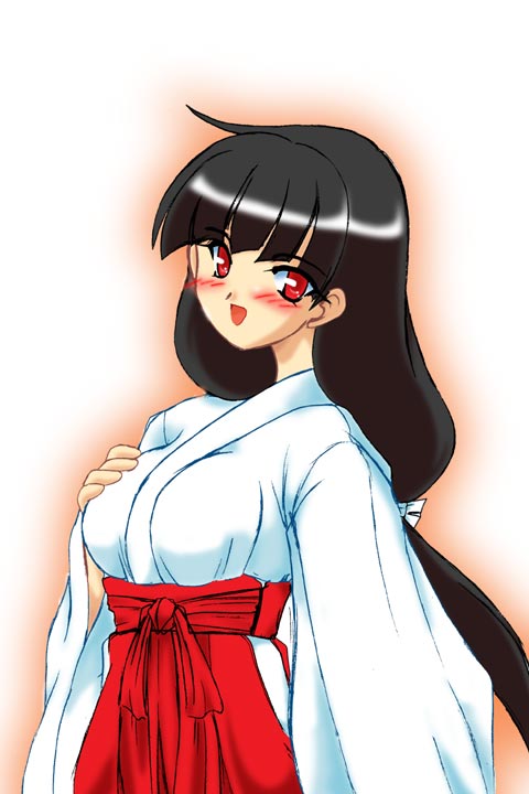 artist request, character request, copyright request, 1girl, black hair, blush, breasts, female focus, hakama, hand on own chest, japanese clothes, large breasts, long hair, long sleeves, looking at viewer, miko, open mouth, red eyes, red hakama, shirt, smile, solo, standing, upper body, white background, white shirt