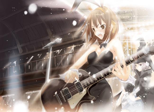 nagato yuki, suzumiya haruhi, suzumiya haruhi no yuuutsu, 00s, brown eyes, brown hair, guitar, instrument
