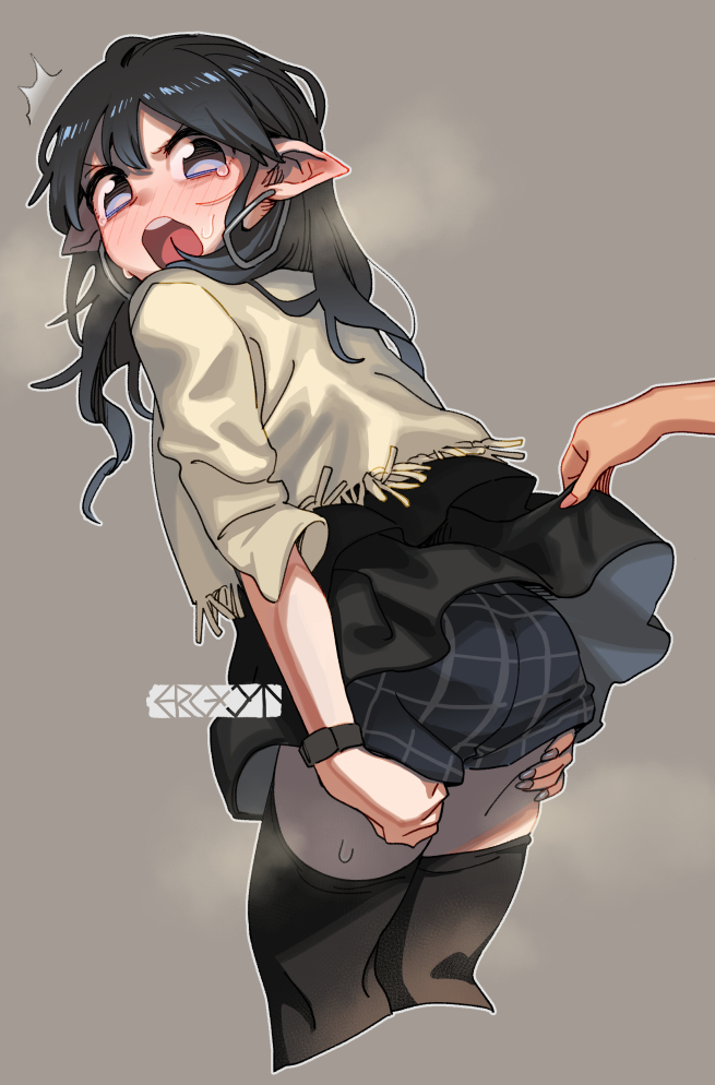 ergot, original, commentary request, 1boy, black hair, blue eyes, blush, clothes lift, crying, elf, embarrassed, from behind, heavy breathing, holding own leg, long hair, male focus, male underwear, pointy ears, skirt, skirt lift, sweat, sweatdrop, tears, thighs, trap, underwear, wavy hair