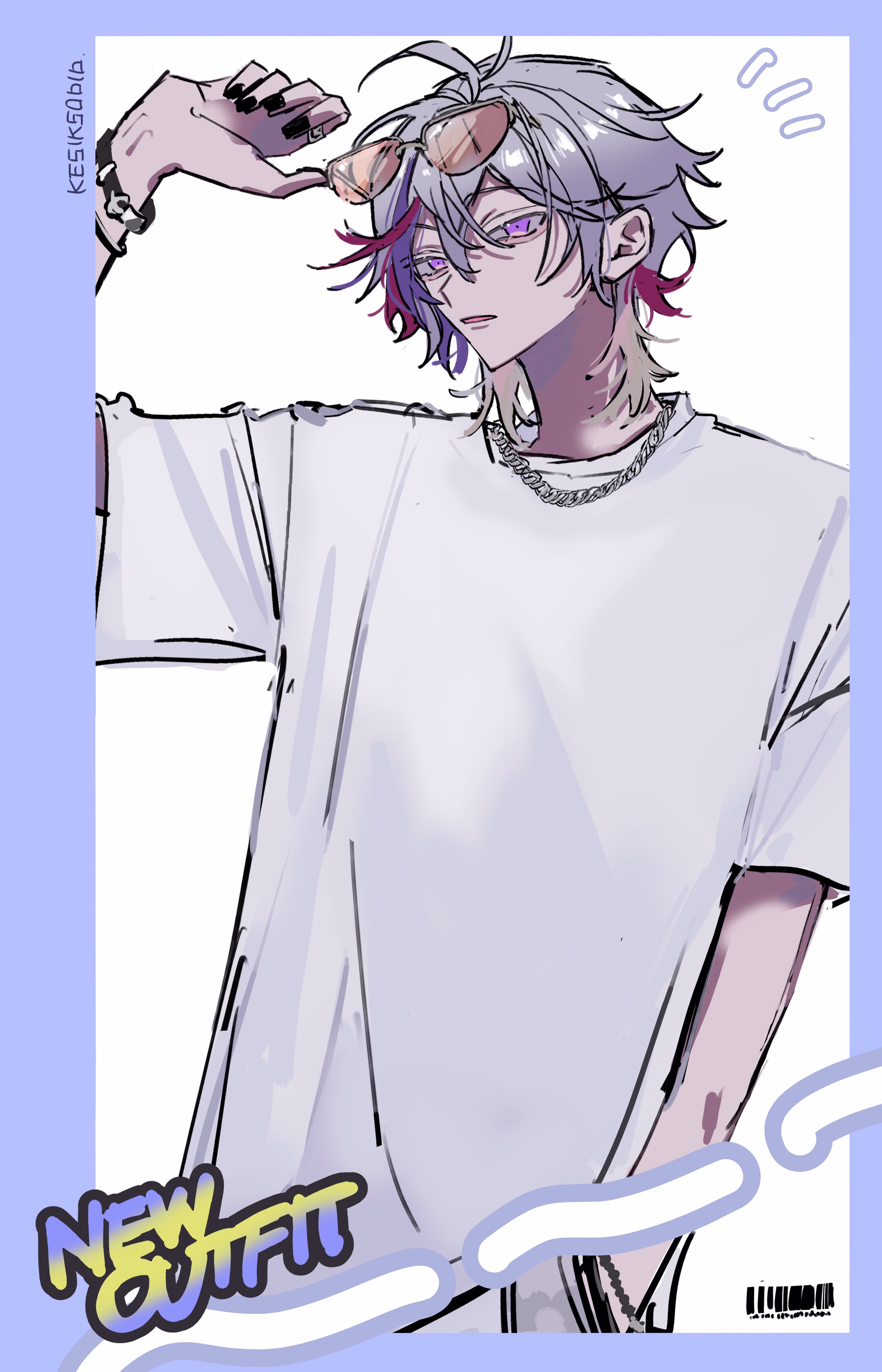 kesiks0616, fuwa minato, nijisanji, absurdres, highres, 1boy, black nails, eyewear on head, grey hair, hair between eyes, hand in pocket, hand up, long sleeves, male focus, multicolored hair, nail polish, pink hair, purple hair, shirt, short hair, simple background, sketch, streaked hair, sunglasses, t-shirt, upper body, virtual youtuber