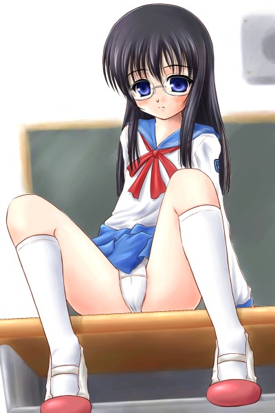 wall, artist request, character request, 1girl, arm support, black hair, blue eyes, blue skirt, blush, bow, bowtie, chalkboard, classroom, desk, female focus, flat chest, glasses, kneehighs, long hair, long sleeves, looking at viewer, panties, red bow, red bowtie, school uniform, serafuku, shirt, shoes, sitting, skirt, socks, solo, spread legs, underwear, uwabaki, white panties, white shirt, white shoes, white socks