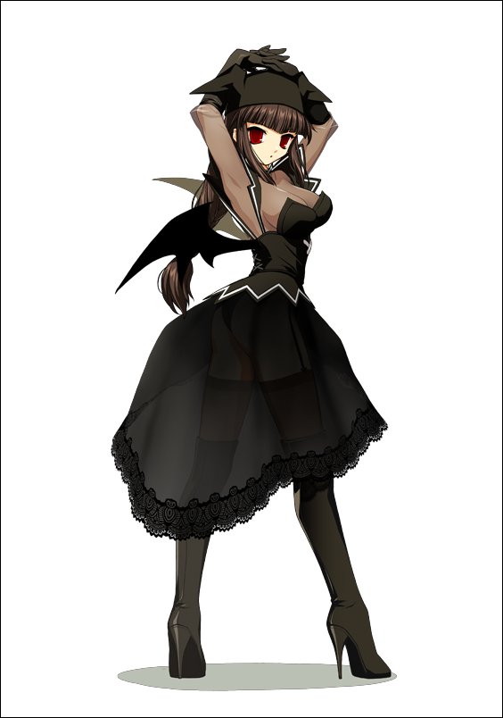 succubus (mabinogi), mabinogi, 1girl, ass, backboob, bad anatomy, black dress, black thighhighs, black wings, boots, breasts, brown hair, dress, female focus, gloves, gothic lolita, hat, high heel boots, high heels, lolita fashion, long hair, red eyes, see-through clothes, shoes, solo, stiletto heels, thigh boots, thighhighs, wings