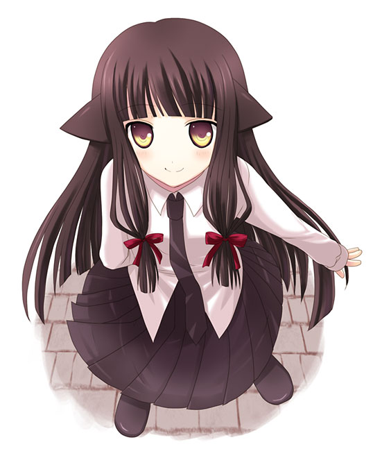 1girl, animal ears, black hair, female focus, necktie, school uniform, serafuku, skirt, smile, solo, yellow eyes
