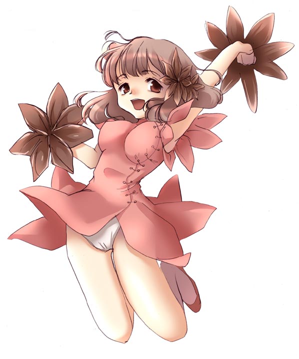 artist request, character request, copyright request, 1girl, breasts, brown eyes, brown hair, dress, female focus, flower, hair flower, hair ornament, holding, jumping, large breasts, looking at viewer, open mouth, panties, pink dress, pink shoes, shoes, sleeveless, sleeveless dress, smile, solo, teeth, underwear, white background, white panties, wind, wind lift
