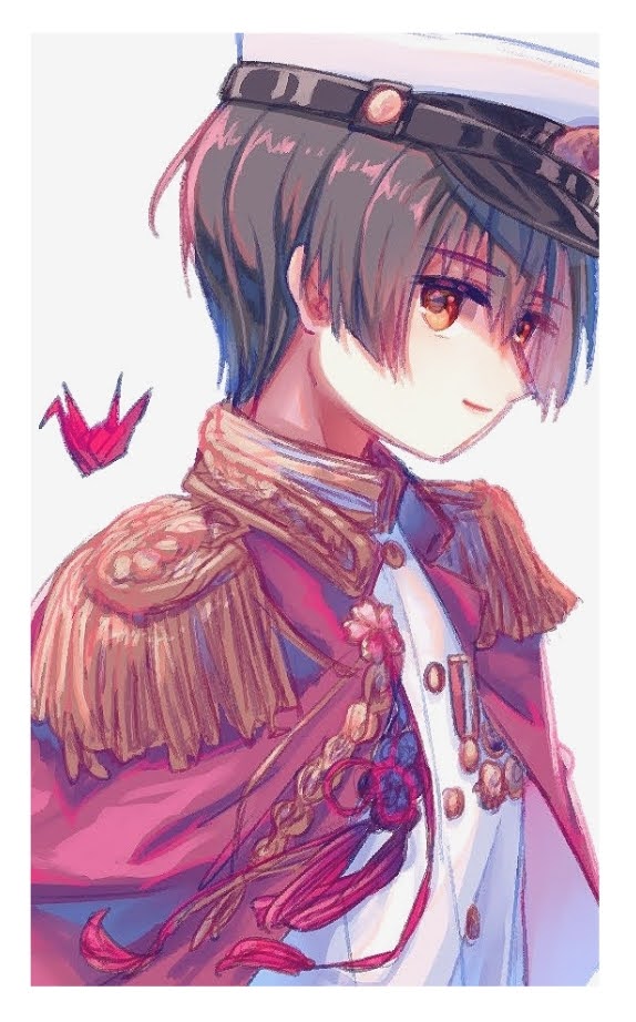 japan (hetalia), axis powers hetalia, commentary request, 1boy, aiguillette, black hair, blunt ends, border, buttons, cape, closed mouth, epaulettes, hair between eyes, hat, jacket, long sleeves, looking at viewer, male focus, medal, military, military hat, military jacket, military uniform, natsunohanabi, pink cape, pink ribbon, ribbon, short hair, simple background, smile, solo, tassel, white background, white border, white hat, white jacket, yellow eyes