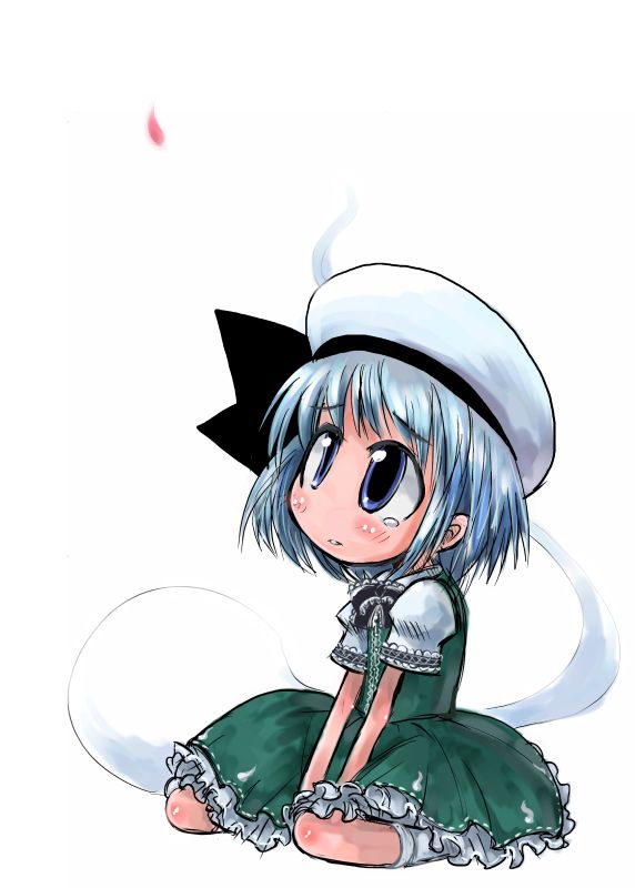 tao, tao (kadoya), konpaku youmu, konpaku youmu (ghost), touhou, silver hair, 1girl, beret, blue eyes, blue hair, dress, female focus, floating, full body, ghost, green dress, hat, hitodama, matching hair/eyes, puffy short sleeves, puffy sleeves, short sleeves, simple background, sitting, solo, wariza, white background