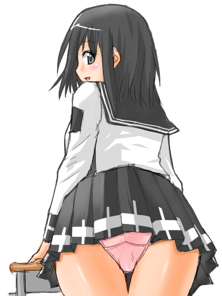 ass, black hair, classroom, hip focus, panties, pantyshot, school, school uniform, serafuku, short hair, thighs, underwear, upskirt
