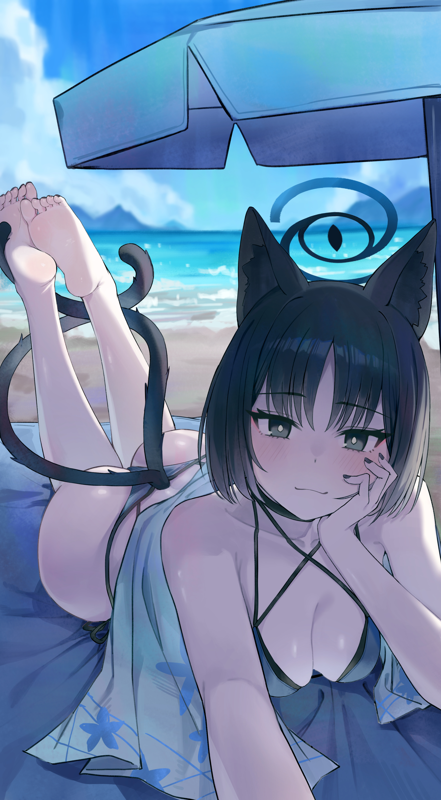 shengwr, kikyou (blue archive), kikyou (swimsuit) (blue archive), blue archive, absurdres, highres, 1girl, animal ears, ass, bare legs, barefoot, beach, beach umbrella, bikini, black choker, black hair, blue bikini, blush, bright pupils, cat ears, cat girl, cat tail, choker, collarbone, feet up, fingernails, halo, hand on own cheek, hand on own face, haori, head rest, japanese clothes, light smile, looking at viewer, lying, mat, nail polish, official alternate costume, on stomach, outdoors, soles, solo, string bikini, swimsuit, tail, toenail polish, toenails, toes, umbrella, white pupils