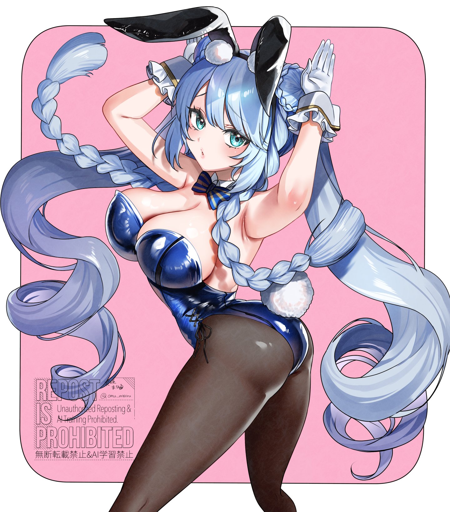 hanasaki mahiru, original, commission, highres, skeb commission, 1girl, animal ear hairband, animal ears, arms up, black pantyhose, blue eyes, blue hair, blue leotard, blush, border, bow, bowtie, braid, breasts, cleavage, detached collar, fake animal ears, fake tail, gloves, hairband, large breasts, leotard, long hair, looking at viewer, pantyhose, parted lips, playboy bunny, rabbit ears, rabbit pose, rabbit tail, solo, strapless, strapless leotard, striped bow, striped bowtie, striped clothes, tail, twin braids, two side up, white border, white gloves, wrist cuffs