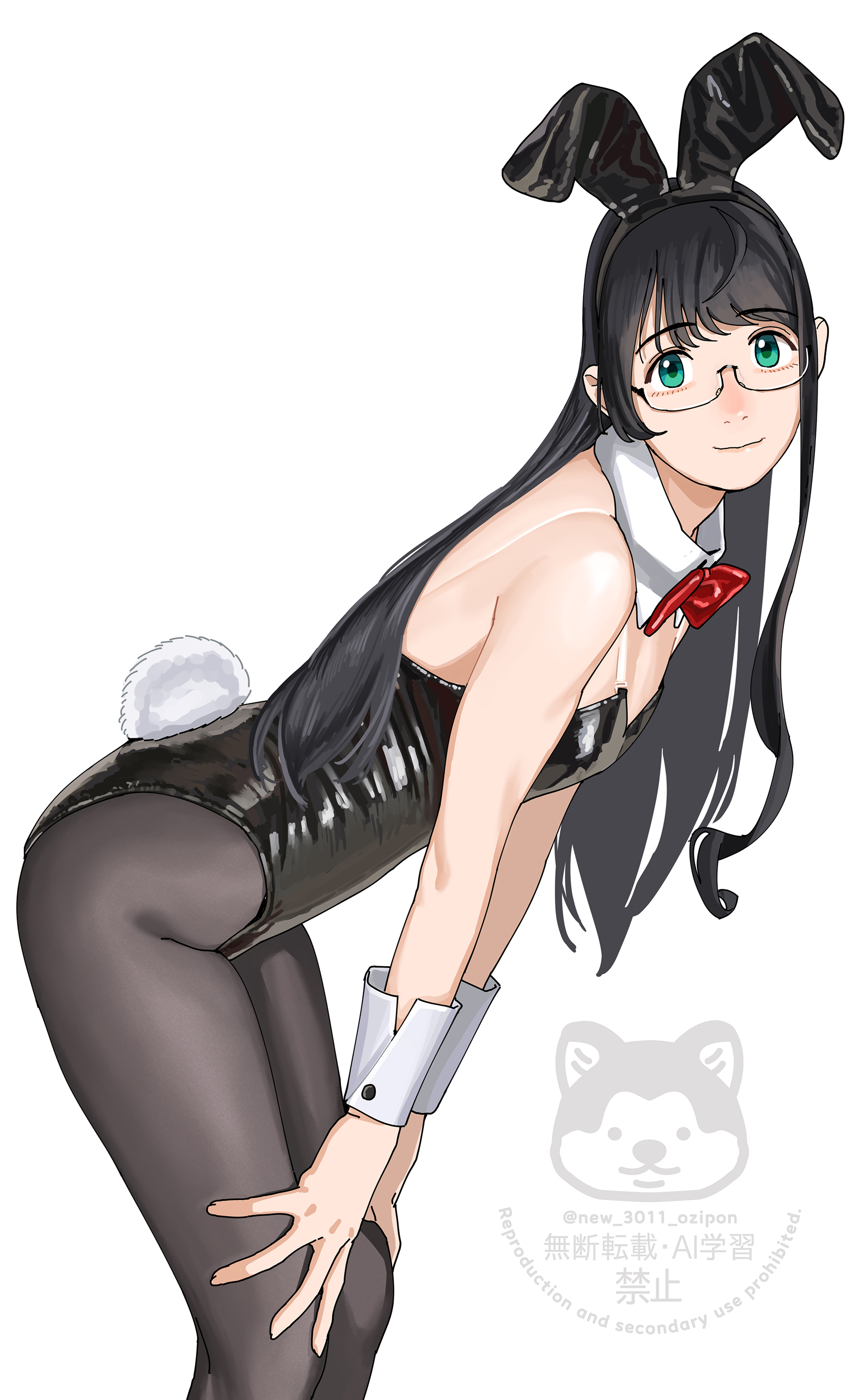 ojipon, ooyodo (kancolle), kantai collection, absurdres, highres, 1girl, animal ear hairband, animal ears, black hair, black leotard, black pantyhose, blue eyes, bow, bowtie, breasts, detached collar, fake animal ears, hairband, leaning forward, leotard, long hair, looking at viewer, pantyhose, playboy bunny, rabbit ears, rabbit tail, red bow, red bowtie, simple background, small breasts, smile, solo, standing, strapless, strapless leotard, tail, watermark, white background, wrist cuffs