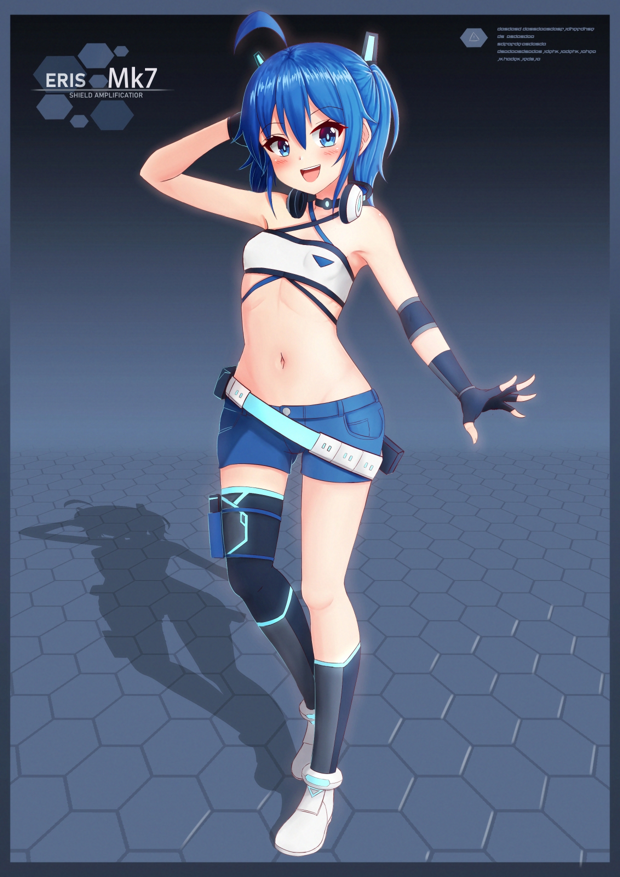 prophosphere, original, commentary, commentary request, english commentary, highres, 1girl, :d, ahoge, arm behind head, arm up, bandeau, bare shoulders, black gloves, black thighhighs, blue eyes, blue hair, blue shorts, blush, breasts, character name, eris (prophosphere), fingerless gloves, full body, gloves, hair between eyes, headphones, headphones around neck, looking at viewer, navel, neon trim, one side up, open mouth, shoes, shorts, single thighhigh, small breasts, smile, solo, standing, standing on one leg, thighhighs, white shoes