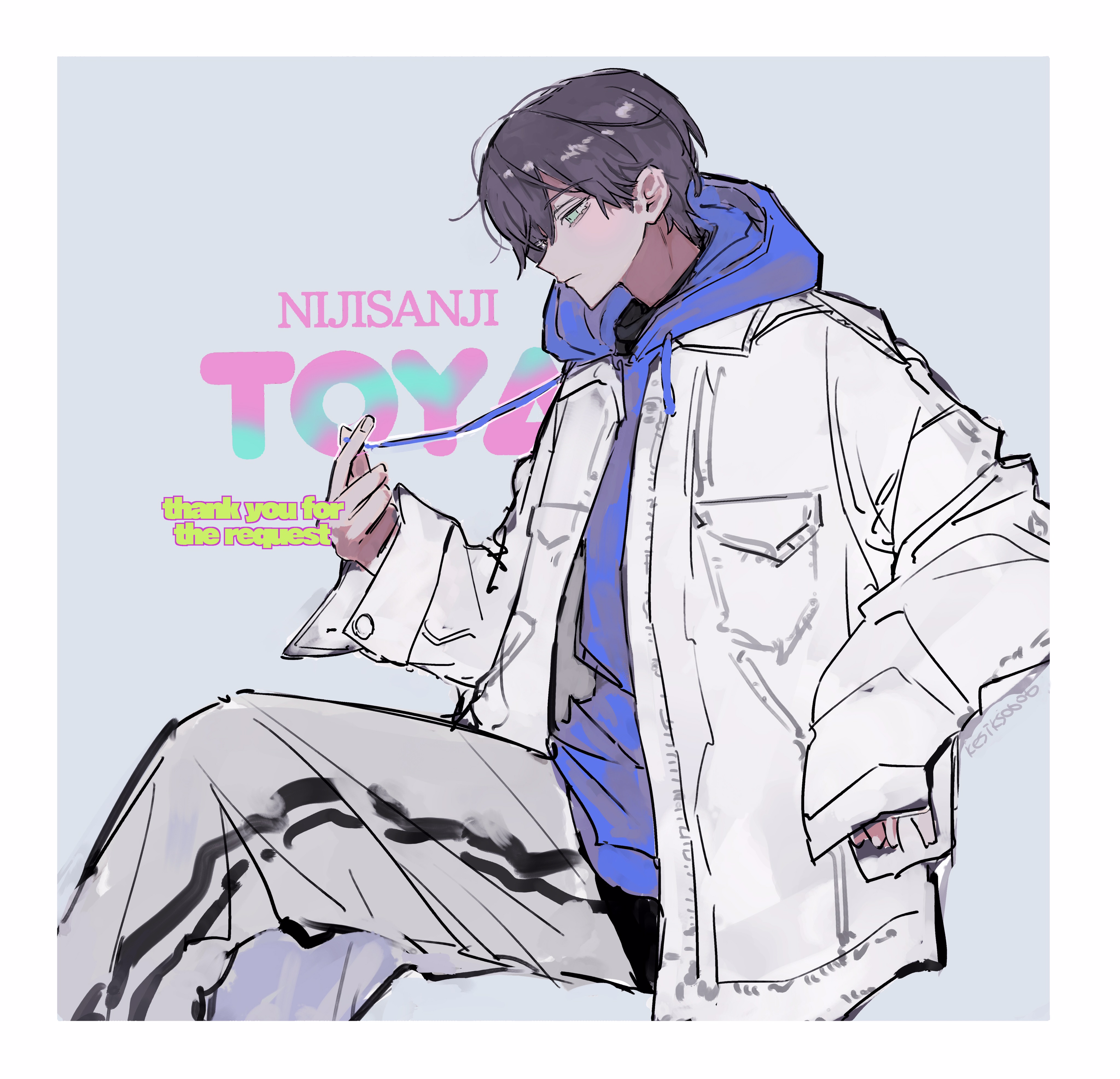 kesiks0616, kenmochi touya, nijisanji, absurdres, highres, 1boy, blue hoodie, brown hair, drawstring, feet out of frame, hair behind ear, hood, hood down, hoodie, jacket, long sleeves, male focus, open clothes, open jacket, pants, shirt, short hair, simple background, sitting, sketch, solo, virtual youtuber, white jacket