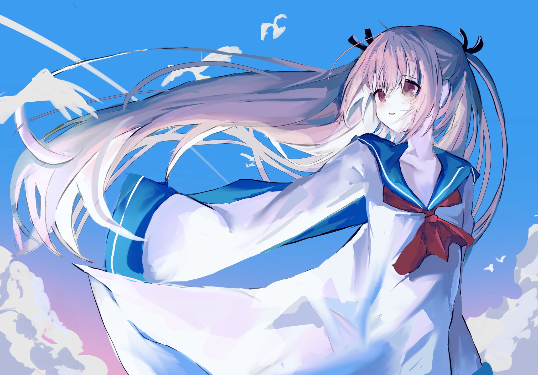 shiro rei419, atri, atri-my dear moments-, commentary, highres, 1girl, :d, ahoge, ascot, bird, black ribbon, blue sailor collar, blue sky, blush, brown hair, cloud, cowboy shot, day, dress, floating clothes, floating hair, hair between eyes, hair ribbon, long hair, looking at animal, looking to the side, open mouth, outdoors, red ascot, red eyes, ribbon, sailor collar, sailor dress, seagull, sidelighting, sketch, sky, sleeves past fingers, sleeves past wrists, smile, solo, two side up, very long hair, white dress, wide sleeves, wind