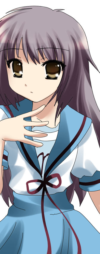 namamo nanase, nagato yuki, suzumiya haruhi no yuuutsu, 00s, alternate hairstyle, long hair, school uniform, serafuku, solo