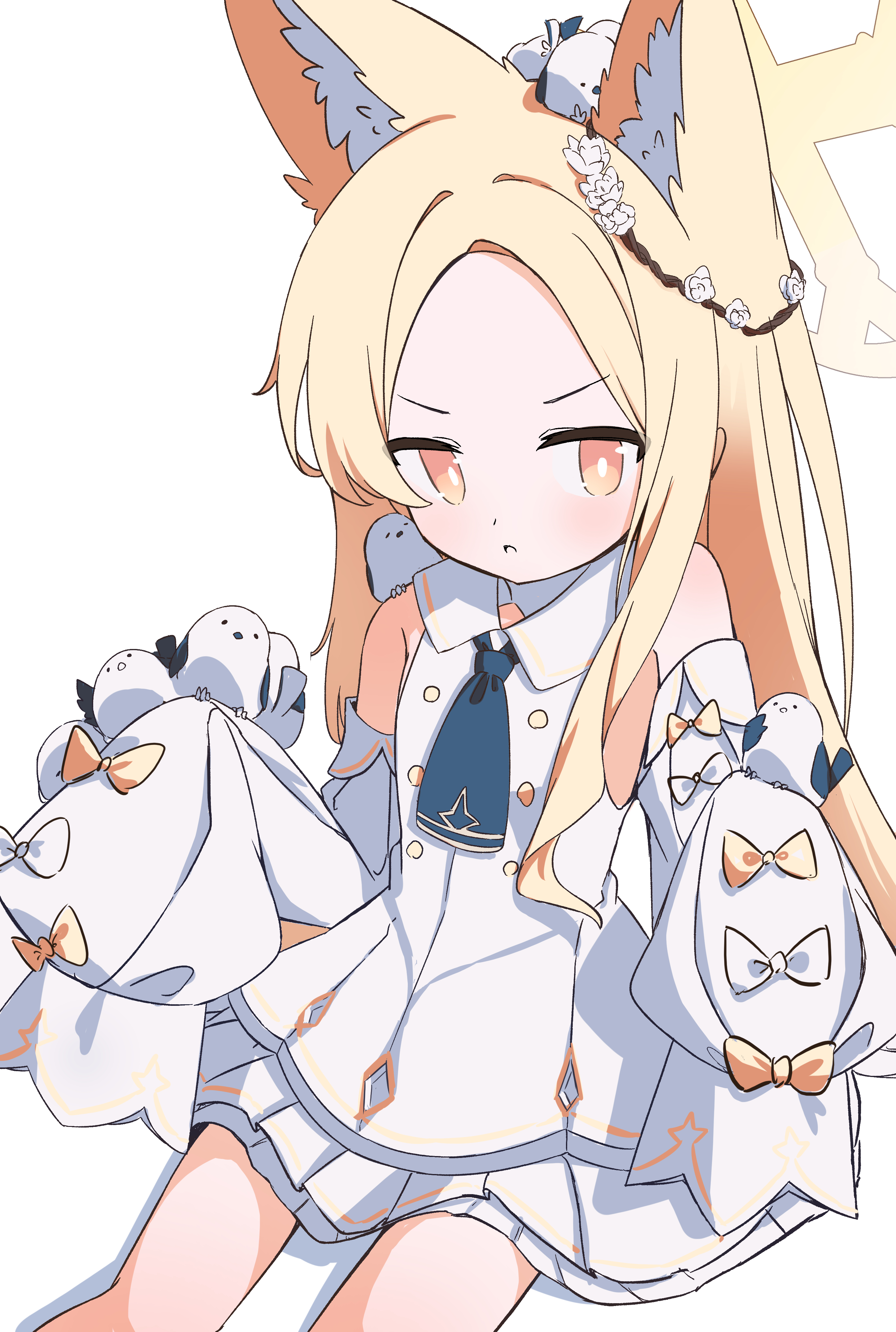 moepu., seia (blue archive), blue archive, absurdres, commentary request, highres, 1girl, animal ear fluff, animal ears, bare shoulders, bird, blonde hair, blush, bow, closed mouth, detached sleeves, dress, forehead, fox ears, frown, gradient eyes, long hair, long sleeves, looking at viewer, multicolored eyes, parted bangs, shirt, simple background, sitting, sleeveless, sleeves past fingers, sleeves past wrists, solo, stuffed animal, stuffed toy, tail, very long hair, white background, white dress, white shirt