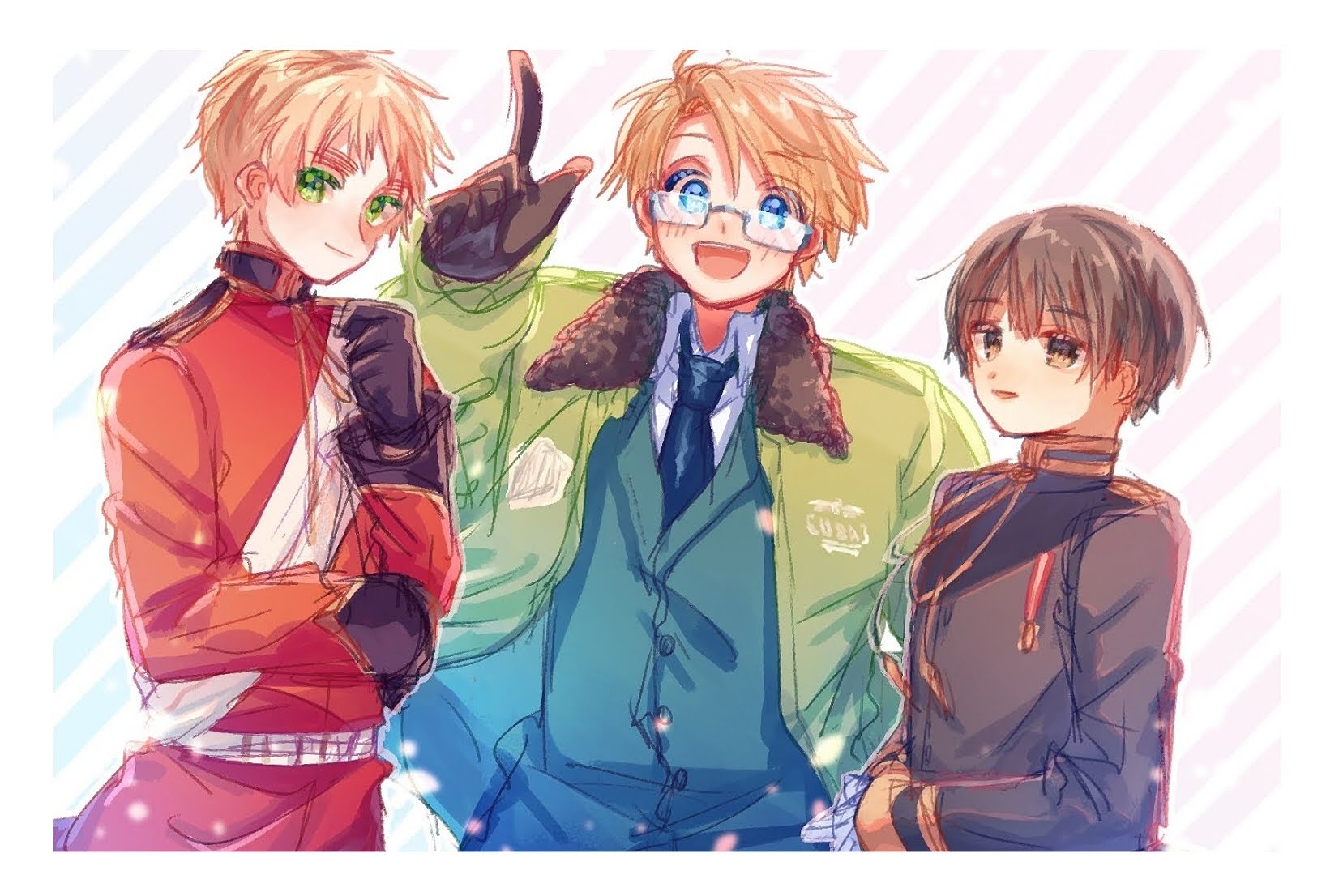america (hetalia), japan (hetalia), united kingdom (hetalia), axis powers hetalia, commentary request, highres, 3boys, ahoge, aiguillette, arm up, belt, black gloves, black hair, black jacket, blonde hair, blue jacket, blue necktie, blush, border, buttons, clenched hand, closed mouth, clothes writing, collared shirt, fur-trimmed jacket, fur trim, glasses, gloves, green eyes, green jacket, grey-framed eyewear, hair between eyes, hand up, index finger raised, jacket, lapels, long sleeves, looking at viewer, male focus, medal, military jacket, military uniform, multiple boys, natsunohanabi, necktie, official alternate costume, open clothes, open jacket, open mouth, puffy long sleeves, puffy sleeves, red jacket, sash, semi-rimless eyewear, shirt, short hair, smile, striped background, teeth, two-sided fabric, two-sided jacket, upper body, white background, white belt, white border, white gloves, white sash, white shirt, yellow eyes