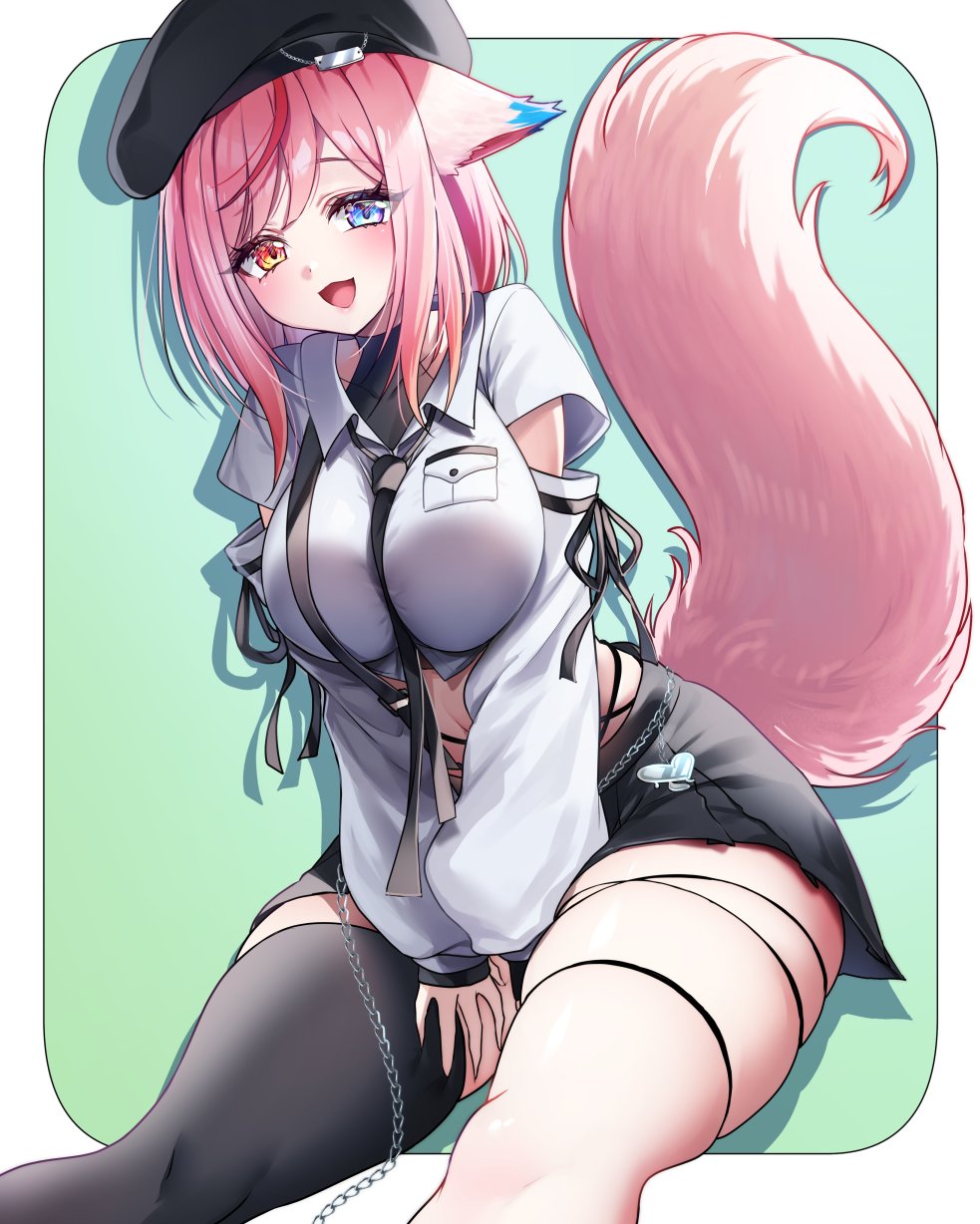 hanasaki mahiru, vrchat, commission, highres, skeb commission, 1girl, :3, animal ears, arms between legs, black hat, black necktie, black skirt, black thighhighs, blue eyes, blush, border, breasts, chain, collared shirt, fox ears, fox tail, hat, heterochromia, large breasts, long hair, looking at viewer, necktie, open mouth, orange eyes, pink hair, shirt, single thighhigh, sitting, skirt, smile, solo, tail, thick thighs, thighhighs, thighs, white border, white shirt