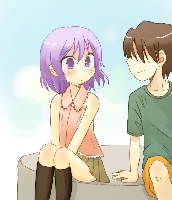 watarase jun, happiness!, 00s, black socks, blush, brown hair, kneehighs, purple eyes, purple hair, short hair, skirt, sleeveless, socks