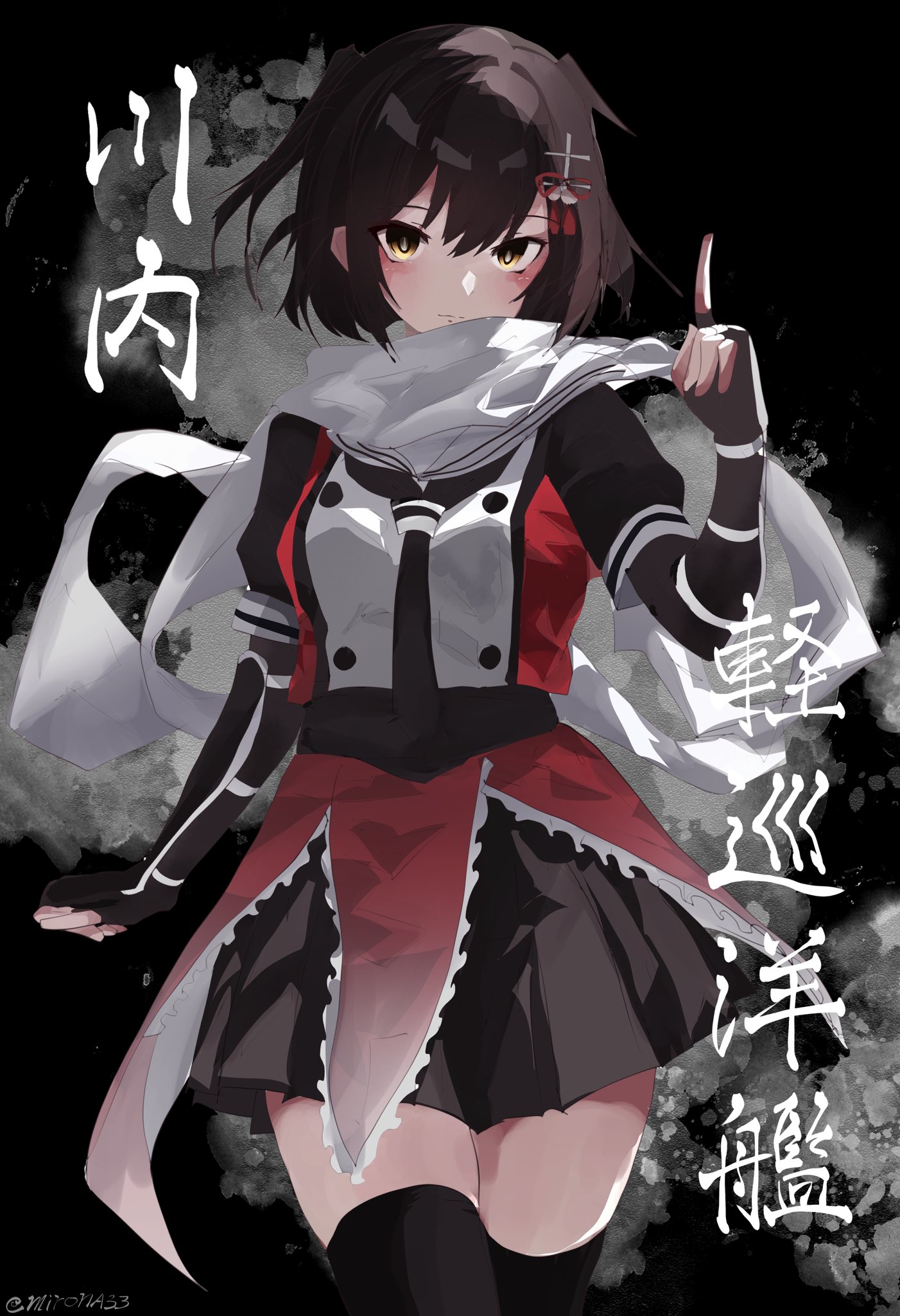 miron (mirona33), sendai (kancolle), sendai kai ni (kancolle), kantai collection, commentary request, highres, translation request, 1girl, black background, black gloves, black neckerchief, black skirt, black thighhighs, brown hair, buttons, cowboy shot, double-breasted, dress, elbow gloves, fingerless gloves, gloves, hair ornament, index finger raised, looking at viewer, neckerchief, orange dress, scarf, school uniform, serafuku, short hair, skirt, solo, thighhighs, two side up, white scarf, yellow eyes