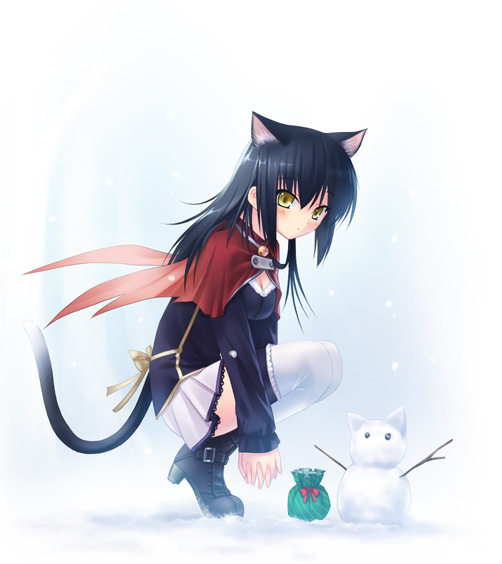 na-ga, character request, copyright request, tagme, 1girl, animal ears, cat ears, cat tail, female focus, skirt, snow, snowman, solo, tail, thighhighs