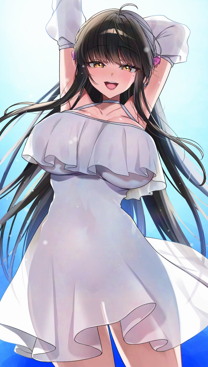 hanasaki mahiru, original, commentary request, highres, 1girl, ahoge, arms up, black hair, blue sky, blunt bangs, blush, braid, breasts, cowboy shot, detached sleeves, dress, frilled dress, frills, large breasts, long hair, long sleeves, looking at viewer, open mouth, orange eyes, see-through clothes, see-through dress, sky, smile, solo, teeth, thighs, tongue, upper teeth only, white dress