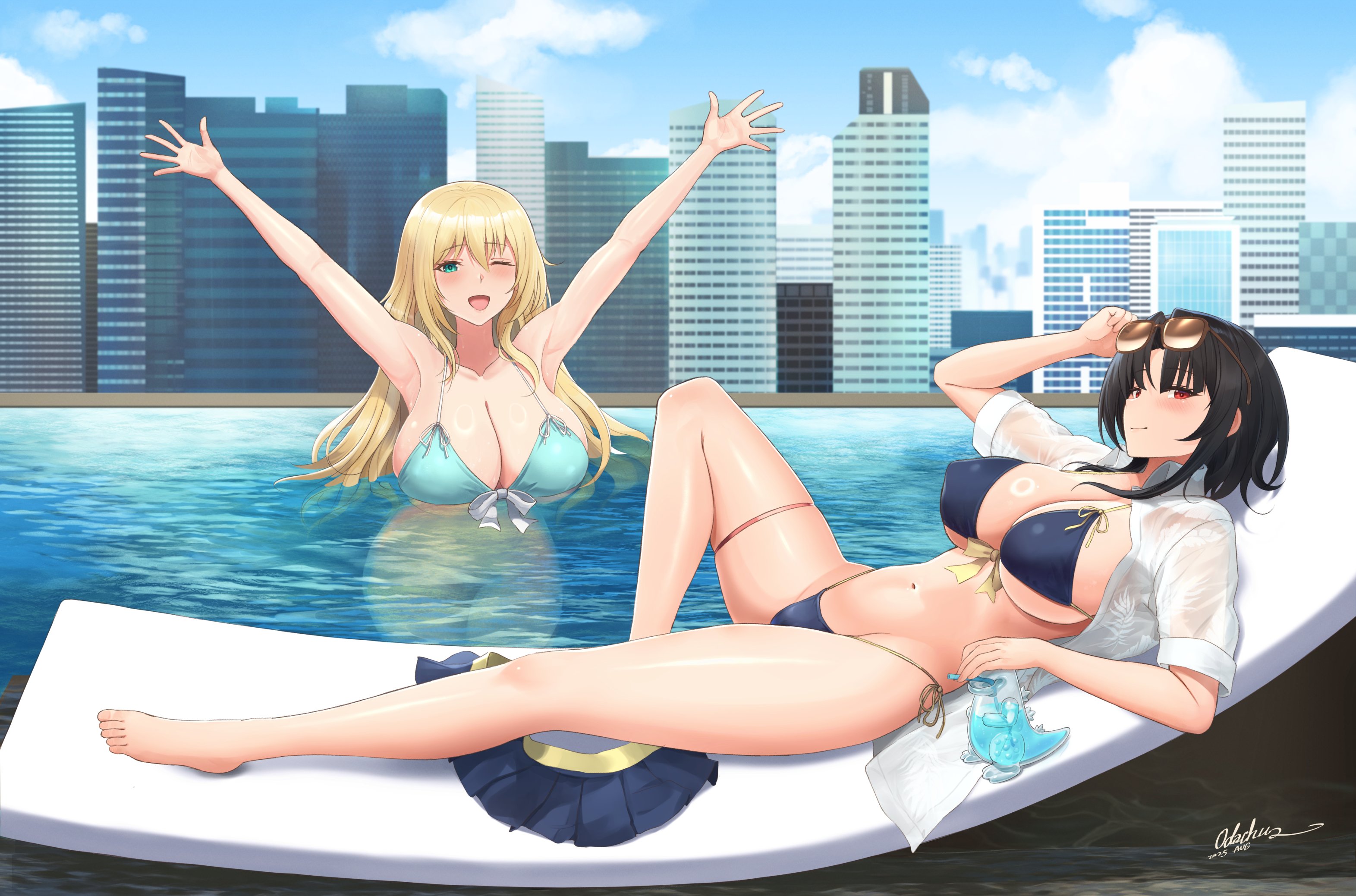 odachu, atago (kancolle), takao (kancolle), kantai collection, commentary request, highres, 2girls, alternate costume, arms up, bikini, black hair, blonde hair, blue bikini, blush, breasts, green eyes, large breasts, long hair, looking at viewer, multiple girls, one eye closed, open mouth, outdoors, pool, poolside, red eyes, rooftop, short hair, side-tie bikini bottom, smile, sunglasses, swimsuit, water