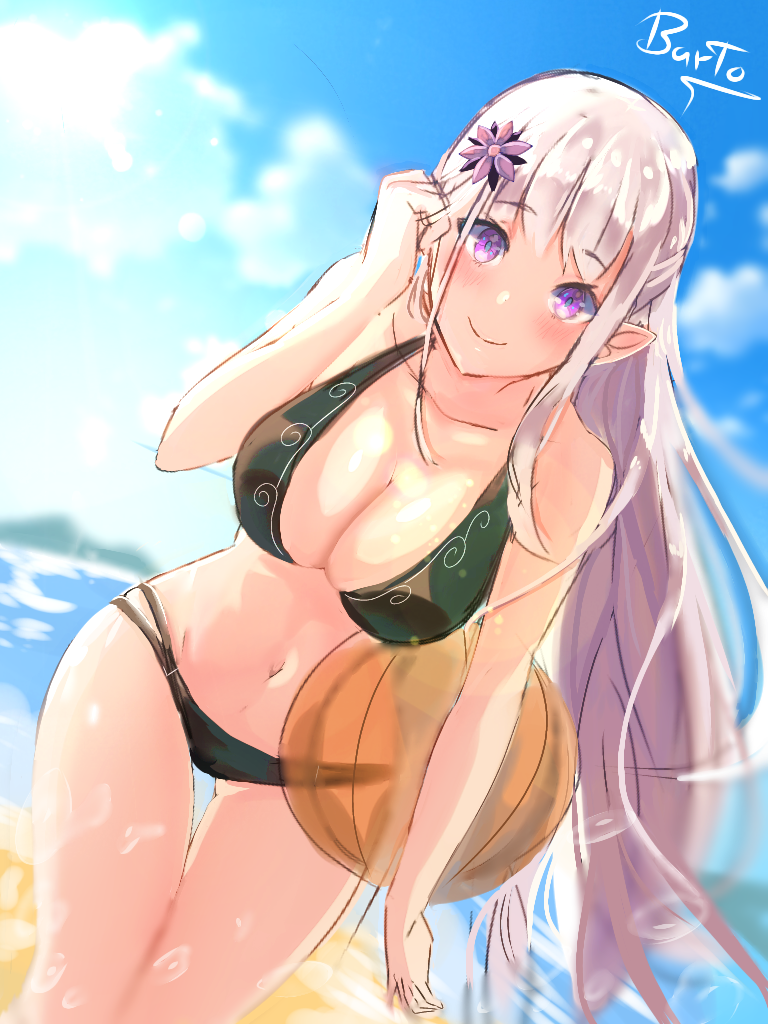 zerobarto, satella (re:zero), re:zero kara hajimeru isekai seikatsu, 1girl, ball, beach, beachball, bikini, black bikini, blue sky, blush, breasts, cleavage, cloud, day, flower, grey hair, hair flower, hair ornament, large breasts, long hair, outdoors, purple eyes, sky, smile, solo, sunlight, swimsuit, water, wet