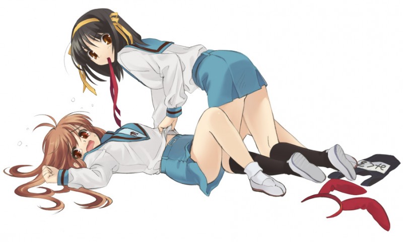 asahina mikuru, suzumiya haruhi, suzumiya haruhi no yuuutsu, 00s, 2girls, multiple girls, school uniform, serafuku, swimsuit, undressing, yuri