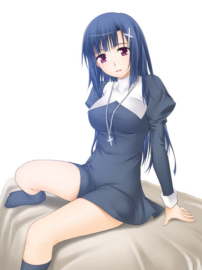 big wednesday, zange, kannagi, black legwear, blue hair, blush, breasts, cross, crucifix, feet, hair ornament, hairclip, jewelry, kneehighs, miniskirt, necklace, nun, purple eyes, skirt, socks
