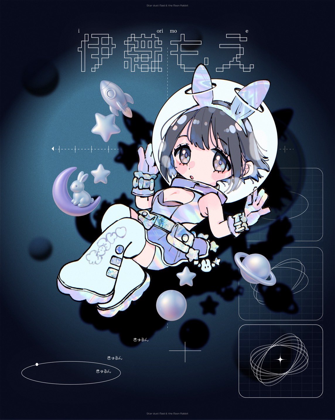 iori moe, kashiwagi tsukiko, real life, commentary request, highres, 1girl, animal ears, black eyes, black hair, blue gloves, blue shirt, boots, breasts, character name, chibi, cleavage, fake animal ears, gloves, open mouth, rabbit ears, shirt, short hair, solo, thigh boots, white boots