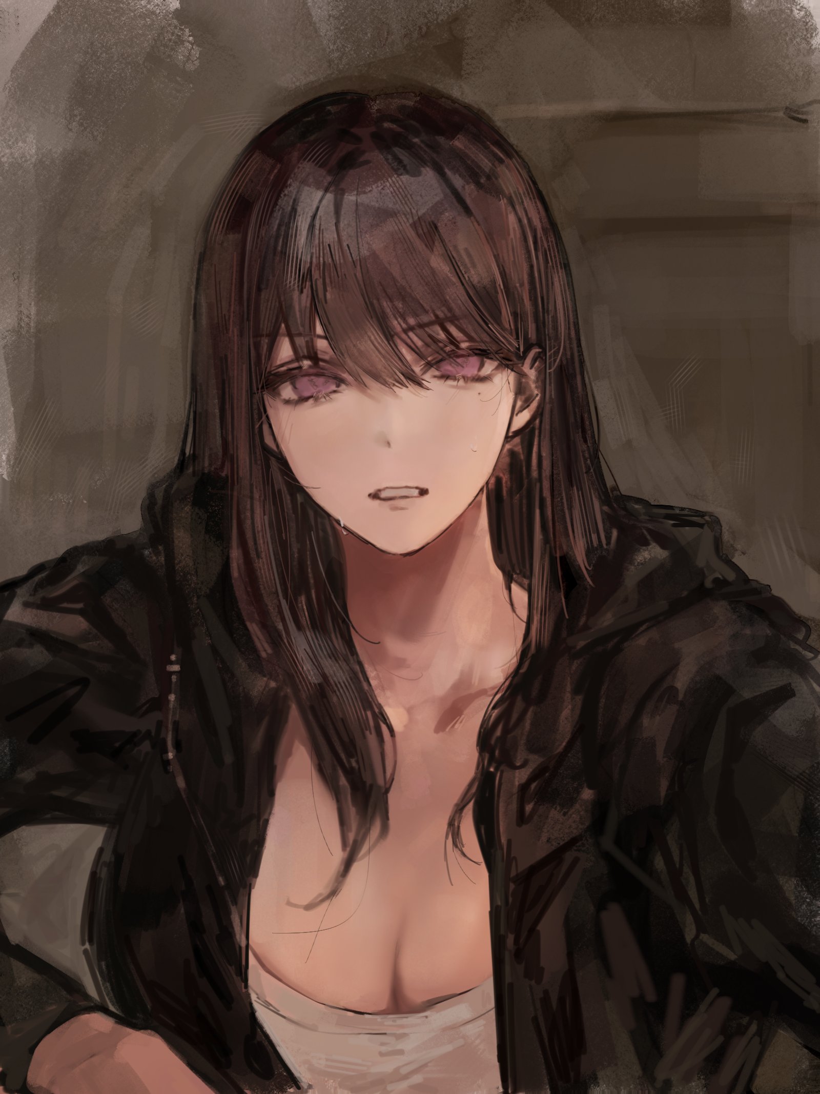 feiyu30903448, shiina taki, bang dream!, bang dream! it's mygo!!!!!, commentary, english commentary, highres, 1girl, black jacket, breasts, brown hair, cleavage, hair between eyes, hood, hood down, hooded jacket, jacket, long hair, mole, mole under eye, open clothes, open jacket, open mouth, purple eyes, shirt, solo, sweatdrop, upper body, white shirt