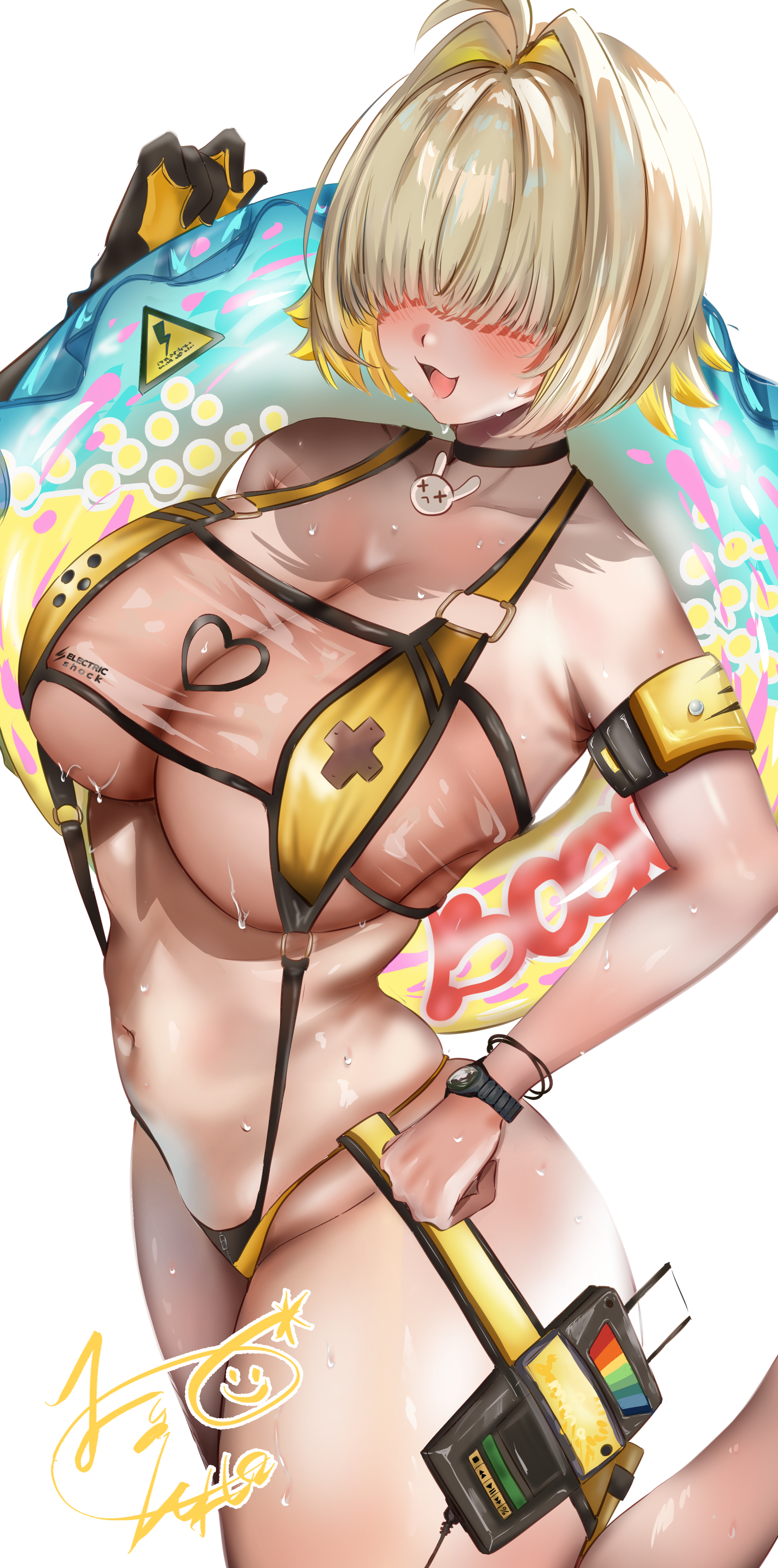 aoki hiro, elegg (boom and shock) (nikke), elegg (nikke), goddess of victory: nikke, absurdres, commentary request, highres, 1girl, black choker, blonde hair, breasts, choker, hair intakes, holding, holding swim ring, innertube, large breasts, navel, official alternate costume, open mouth, see-through clothes, short hair, simple background, slingshot swimsuit, solo, stomach, swim ring, swimsuit, thighs, wet, white background, yellow slingshot swimsuit