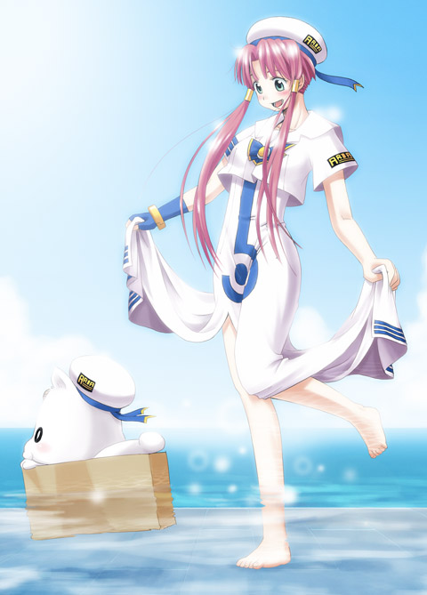 aria pokoteng, mizunashi akari, aria (manga), artist request, tagme, 00s, :d, barefoot, blush, box, clothes lift, dress, dress lift, feet, green eyes, hat, open mouth, pink hair, smile