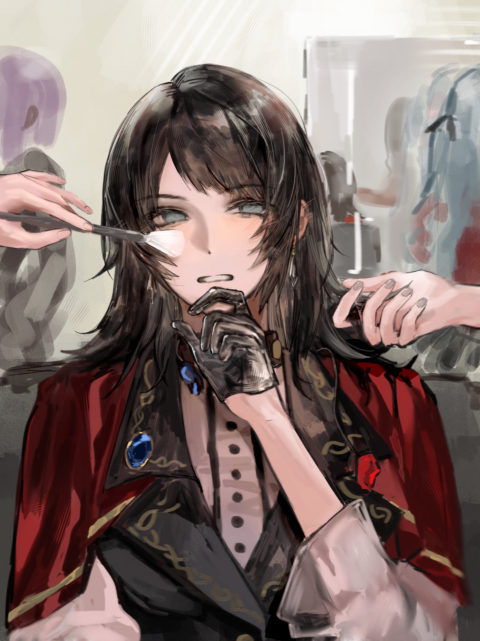 feiyu30903448, oblivionis (bang dream!), timoris (bang dream!), togawa sakiko, yahata umiri, yuutenji nyamu, bang dream!, bang dream! it's mygo!!!!!, commentary, english commentary, highres, 3girls, applying makeup, black gloves, black hair, black vest, blue eyes, capelet, gloves, holding, holding brush, holding makeup brush, long hair, makeup brush, medium hair, multiple girls, open mouth, people, red capelet, shirt, solo focus, upper body, vest, white shirt