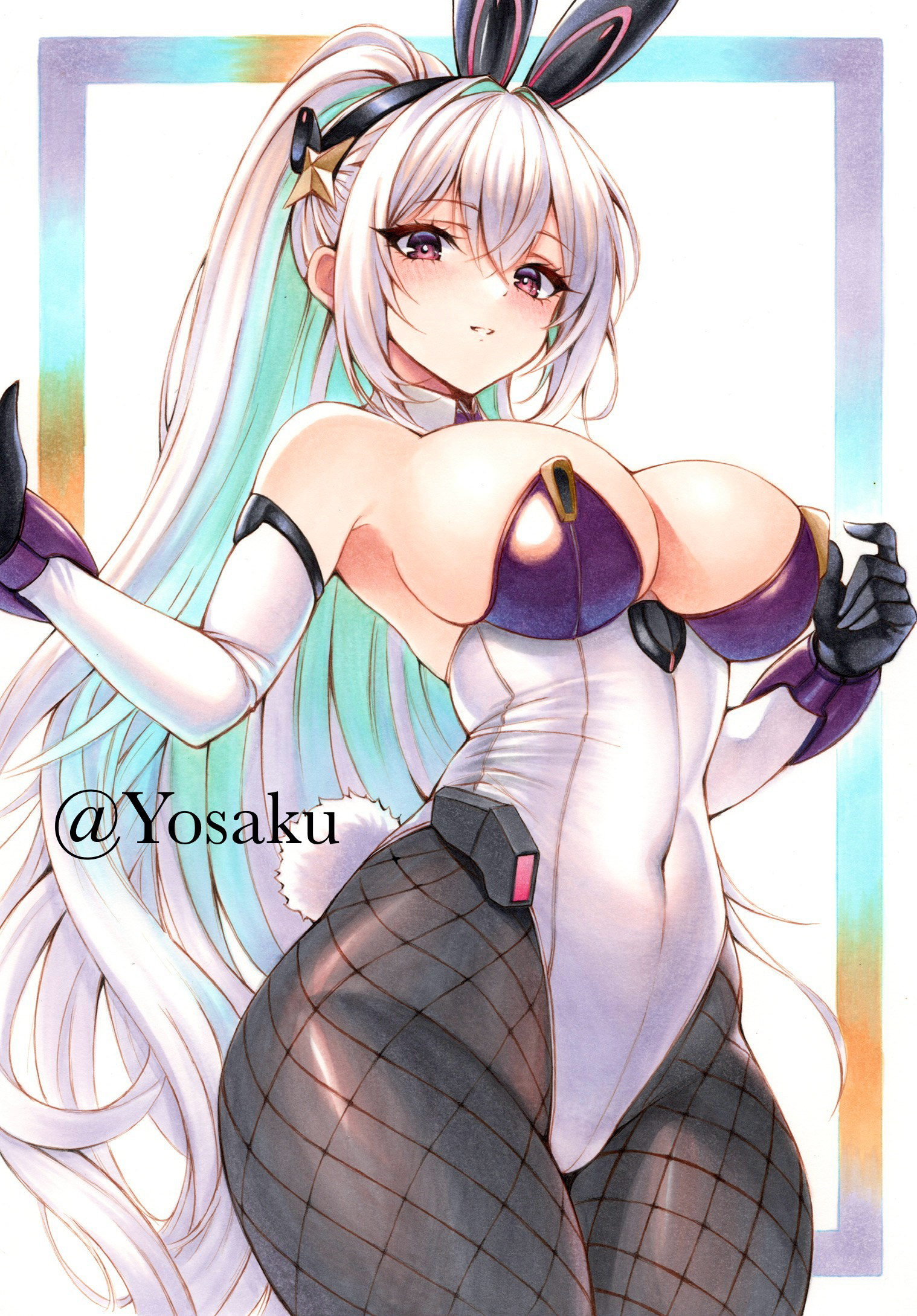yosaku vs hina, kearsarge (all night charge) (azur lane), kearsarge (azur lane), azur lane, commentary request, highres, 1girl, animal ears, artist name, bare shoulders, black gloves, blush, breasts, cowboy shot, elbow gloves, fake animal ears, fake tail, fishnet pantyhose, fishnets, from below, gloves, grin, hair ornament, high ponytail, highleg, highleg leotard, large breasts, leotard, long hair, looking at viewer, multicolored gloves, multicolored hair, multicolored leotard, neon trim, official alternate costume, pantyhose, playboy bunny, ponytail, purple eyes, purple gloves, purple hair, purple leotard, sidelocks, simple background, smile, solo, strapless, strapless leotard, tail, teeth, two-tone gloves, two-tone leotard, very long hair, white gloves, white hair, white leotard