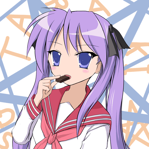 ryuushou, hiiragi kagami, lucky star, lowres, 00s, 1girl, ascot, blue eyes, chocolate, copyright name, eating, female focus, food, hair ribbon, long hair, long sleeves, looking at viewer, open mouth, pink ascot, purple hair, ribbon, school uniform, serafuku, solo, star (symbol), twintails, upper body